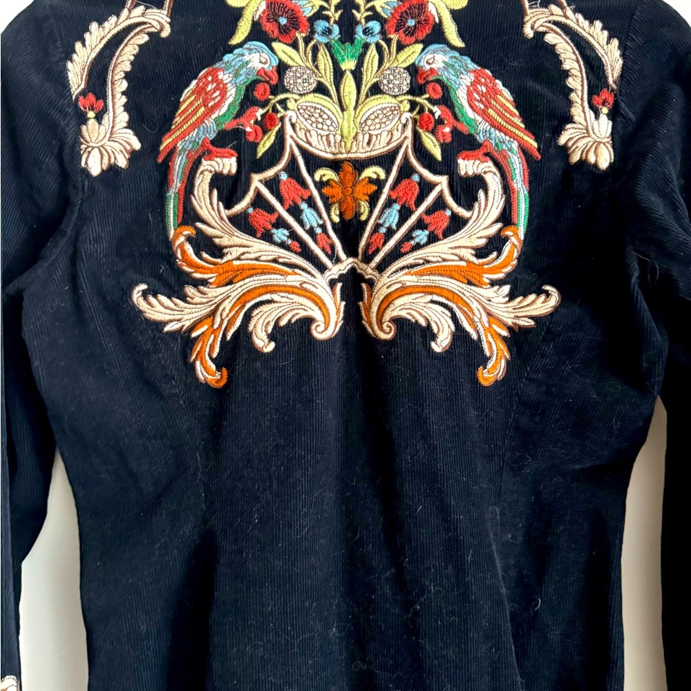 Barely worn Johnny Was - Embroidered Black mid-length Corduroy Coat, Size Medium - Picture 4 of 10